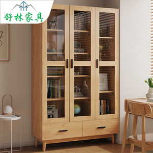 Shulin Furniture <b>Solid</b> <b>Wood</b> <b>Bookcase</b> With Glass Doors Modern Minimalist Style Study Storage Cabinet For Home Office - Product Image 1