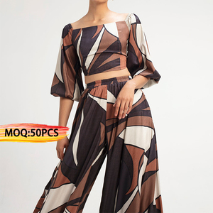 Oem Tùy Chỉnh Thời Trang Mô Hình Thanh Lịch Nửa Tay Áo Crop Tops Áo + Quần Chân Rộng Quần Phù Hợp Với 2 Mảnh Thiết Lập Phụ Nữ Quần Áo - Product Image 1