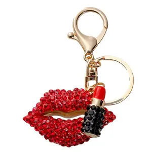 hot selling rhinestone metal lips metal mouth shape keychain lip keychain with lipstick keychain