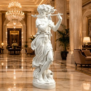 Statua Arcadiana di Flautista in Marmo Bianco Intagliata a Mano - Figura Femminile Pastorale Completamente Personalizzabile con Spiga di Grano e Urna, Benvenuti OEM/ODM - Product Image 5