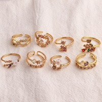 Assortiment de bagues ajustables en zircon cristal multicolores style fée vintage, plaqué or, bijoux fantaisie fleur et papillon
