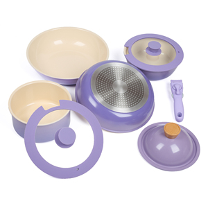 Juego de ollas y sartenes de cerámica antiadherentes moradas con asas extraíbles, apilables para ahorrar espacio, de aluminio ligero para cocina - Product Image 1