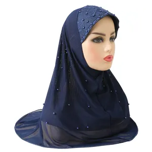 2022 Pull on Two Layers Muslim Hijab with Beads Easy to wear Islamic Scarf Instant hijabs Head Wrap Amira Headwear Turban