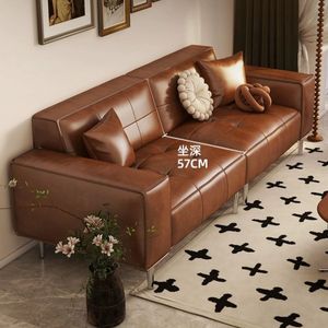 Vintage French Retro Oil Waxed Leather <b>Sofa</b> Straight Shape Tufted Foam Filling For Small Living Rooms - Product Image 2