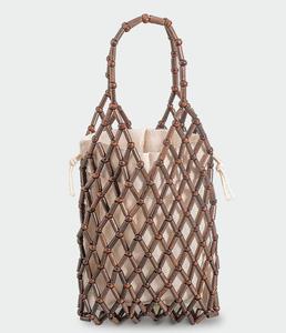 Bolso de cubo con cuentas de madera tejida para mujer, cartera informal ahuecada con bolsa interior, para vacaciones de verano, Bali - Product Image 4