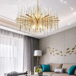 Lámpara de cristal moderna para sala de estar, candelabro de cadena de acero inoxidable redondo dorado de lujo, iluminación