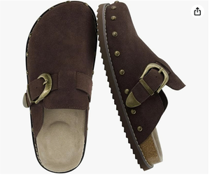Mules à enfiler pour femmes en cuir suédé véritable avec boucle réglable et détails cloutés – Chaussures d'automne élégantes - Product Image 1