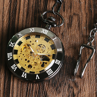 Montre de poche mécanique à remontage manuel, cadran ouvert, engrenages dorés, chiffres romains, boîtier noir, pendentif, cadeau pour homme
