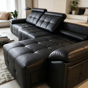 โซฟาหนัง PU สีดำทรงตัวแอลแบบทันสมัย พร้อมพนักพิงแบบ Tufted และที่วางแขนบุนวม สำหรับห้องนั่งเล่น - Product Image 4