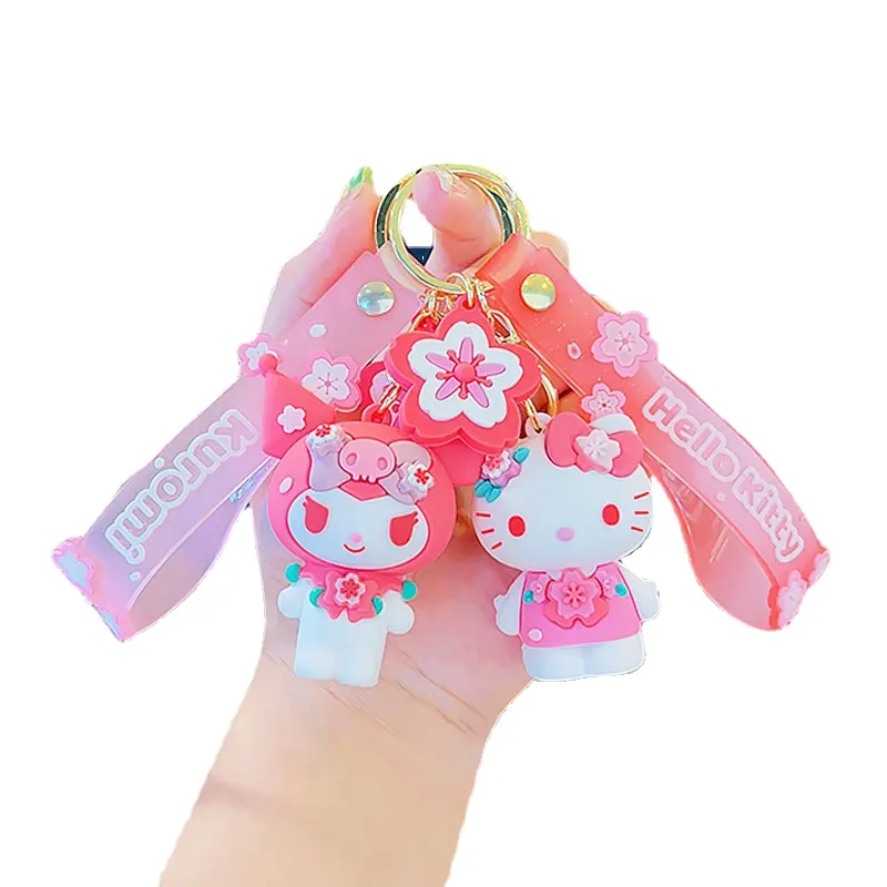 Commercio all'ingrosso carino 3D PVC cartone animato Sanrio Anime portachiavi borsa scuola Kawaii ciondolo Sakura ciao kitty melodia portachiavi regali