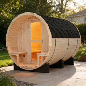 Sauna de Barril de Pino Blanco de 6KW para 6 Personas, con Tejas Impermeables y Bancos de Porche para Exteriores - Product Image 5