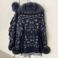OFTBUY Veste Vintage Femme, Cardigan en Tricot Paisley avec Bordure en Véritable Fourrure de Renard, Manteau Pull Ceinturé, Vêtements de Luxe pour Femme, Vêtement d'Extérieur Féminin