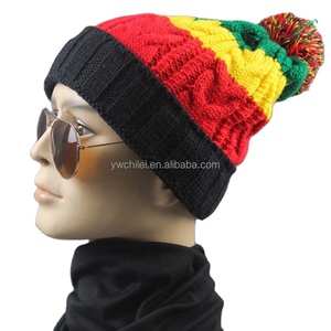 Sombreros <span class=keywords><strong>Rasta</strong></span> Color Block Crochet Knit Pom Cuff POM Beanie Hat