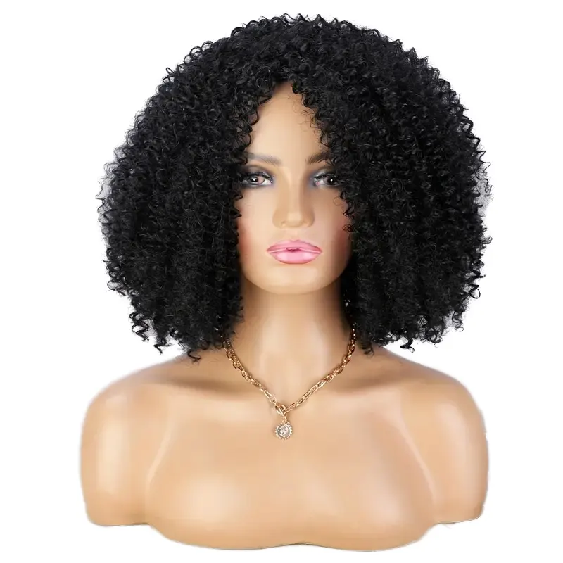Siyah kadınlar için 14 inç sentetik kıvırcık peruk Afro bomba kıvırcık peruk sentetik elyaf kısa sapıkça saç bayanlar peruk