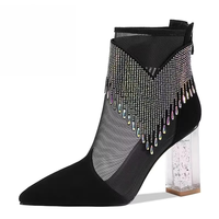 Bottes d'été pour femmes à talons aiguilles en maille à bout pointu avec motif floral, fermeture auto-agrippante, talons très hauts, légères et antidérapantes