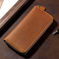Dompet Panjang Kulit Crazy Horse Pria, Clutch Genggam dengan Slot Kartu, Dompet Kulit Sapi Asli Vintage dengan Ritsleting Tunggal 18.8*9.5*2.5cm 0.17kg