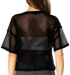 100% Polyester Damen V-Ausschnitt Transparentes Mesh Crop-Top Durchsichtiges Kurzarm-T-Shirt Bluse - Product Image 2