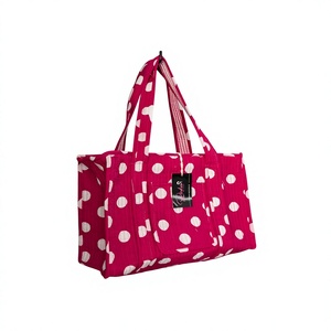 Bolso Tote Pequeño de Algodón Acolchado con Estampado de Bloques de Puntos Rojos Vintage de Pinksa Fashion, Estilo Bohemio para Primavera, con Bolsillo Frontal con Cremallera - Product Image 1