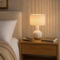 Lampe de table en céramique cannelée, col fin, base d'ampoule, abat-jour plissé crème accordéon, style Japandi nordique, lampe de chevet/bureau E27