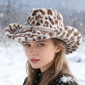 Fuodrao Sombrero de vaquero con estampado de leopardo M56-58cm, sombrero occidental de felpa para hombres y mujeres, sombrero cálido para otoño e invierno - Product Image 3