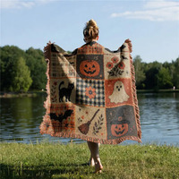 Couverture en flanelle de style américain pour Halloween, motif géométrique en polyester, personnalisable, multifonction, pour canapé, lit, décoration de la maison