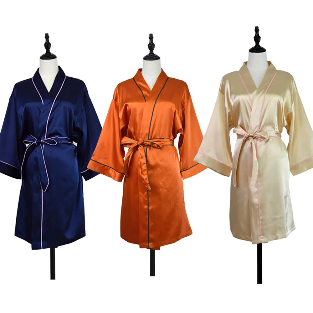 New Design Fashion Silky Nightgown Robe with Piping for Women Girl Lady Plain Piping Belted Kimono Robe Satin Bathrobe