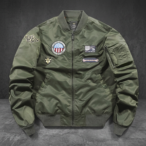 Blouson bomber vert olive pour homme avec patchs brodés, fermeture éclair, style décontracté, vêtement d'automne - Product Image 3