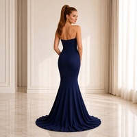 Fournisseur de robes de soirée sirène sans bretelles en satin respirant, sur mesure, bleu marine, longueur ras du sol avec traîne, vente en gros