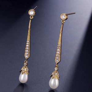 Silver Dangle <strong>Earrings</strong> with Freshwater Pearls and Cubic Zirconia for Wedding <strong>1920S</strong> - Product Image 4