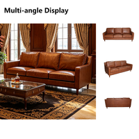 Canapé 3 places en cuir véritable marron vintage, style mid-century modern, cuir de vachette, canapé de salon, pieds en bois massif, canapé en cuir rétro