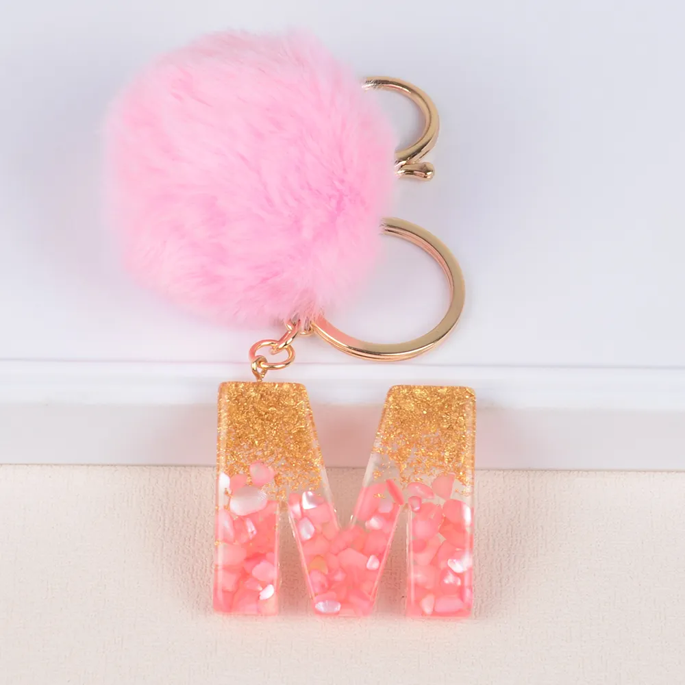 Alphabet Initial Letter Keychain Cute Plush Pom Pom Key Chain Ring Bag Backpack Charm Car Hanging Pendant Women Girls Gift
