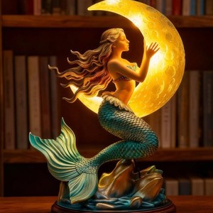 Lámpara de luna de sirena de resina, luz nocturna decorativa para escritorio o estantería - Product Image 1