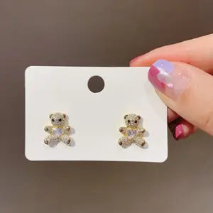 New arrival cute shiny rhinestone crystal bear stud earrings for women and girls