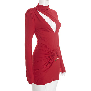 Nuovo Abito Casual da Donna Primavera 2026, Mini Abito Elegante a Tinta Unita con Dettagli Traforati e Plissettati, <span class=keywords><strong>Vestito</strong></span> Corto Vintage - Product Image 6