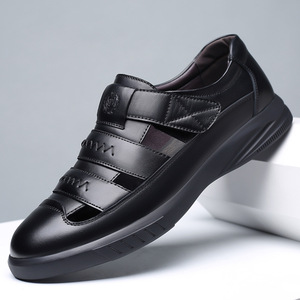 Men's Leather Hollow-Out <b>Sandals</b> Black Velcro Closure Breathable Summer <b>Closed</b> <b>Toe</b> Shoes For Dads - Product Image 1