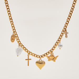 Collier en acier inoxydable plaqué or 18 carats, multi-brins, perles d'eau douce, double couche, avec croix, pour femme - Product Image 5