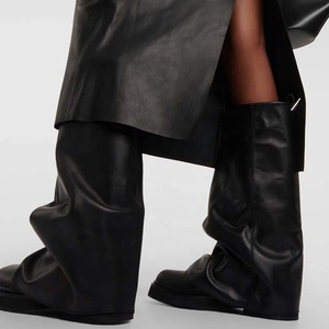 Botas Altas de Mujer con Suela Gruesa, Parte Superior Holgada, Tacón Plano de Cuero, Punta Cuadrada, Estilo Holgado, Ajuste Ancho - Product Image 3