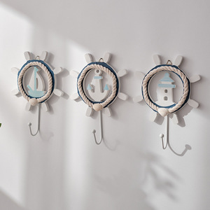 Mediterranean Style Coat <b>Hooks</b> Round MDF <b>Wall</b> Mounted Anchor Lighthouse Sailboat Design For Home Decor Behind Doors Or <b>Walls</b> - Product Image 3