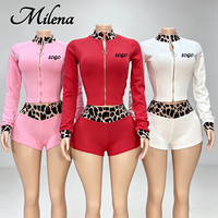 Ensemble sportif décontracté pour femmes Milena avec logo personnalisé, imprimé léopard, veste à fermeture éclair à manches longues, short taille haute, ensemble deux pièces