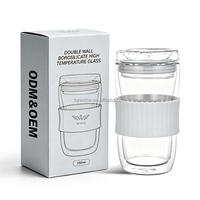Tasse à café en verre borosilicate double paroi de 360 ml, durable, avec manchon et couvercle en silicone – Meilleure vente