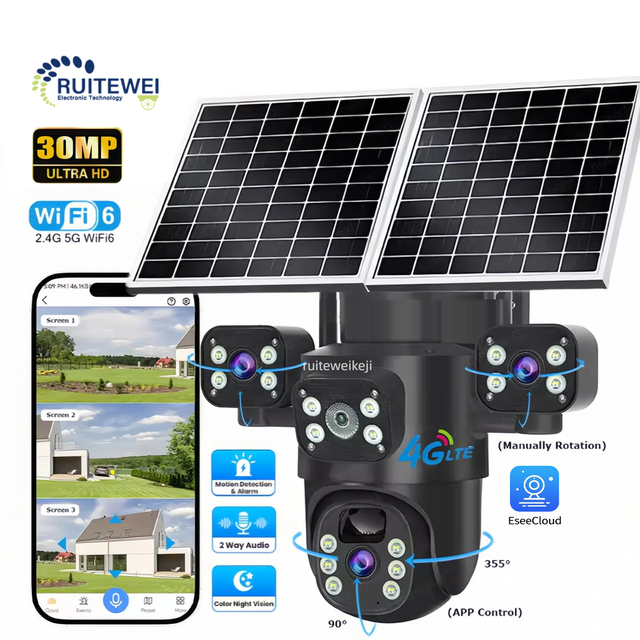 30MP 4G Sim Card Eseecloud WIFI Three Lens Solar Wireless Cameras Outdoor CCTV PTZ Surveillance Outdoor Network Security Camera