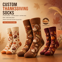 Chaussettes personnalisées de Thanksgiving en tricot jacquard à motif dinde et citrouille, chaussettes fantaisie en forme de feuille d'érable pour hommes et femmes, vente en gros, OEM ODM