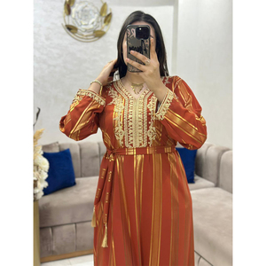 Women's <b>Plus</b> <b>Size</b> <b>KAFTAN</b> V Neck Long Sleeve Embroidered Striped Modest Loose Fit Middle East Style Daily Wear Dress - Product Image 4