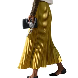 D0302DX15 vente en gros Style chaud décontracté bureau sortir couleur unie Satin plissé jupe durable pour les femmes Sehe mode
