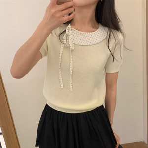 Chemisier en dentelle à manches courtes pour <span class=keywords><strong>femme</strong></span>, style vintage, col rond uni, avec nœud sur le devant, chemise décontractée d'été, haut tissé respirant pour <span class=keywords><strong>femme</strong></span> - Product Image 5