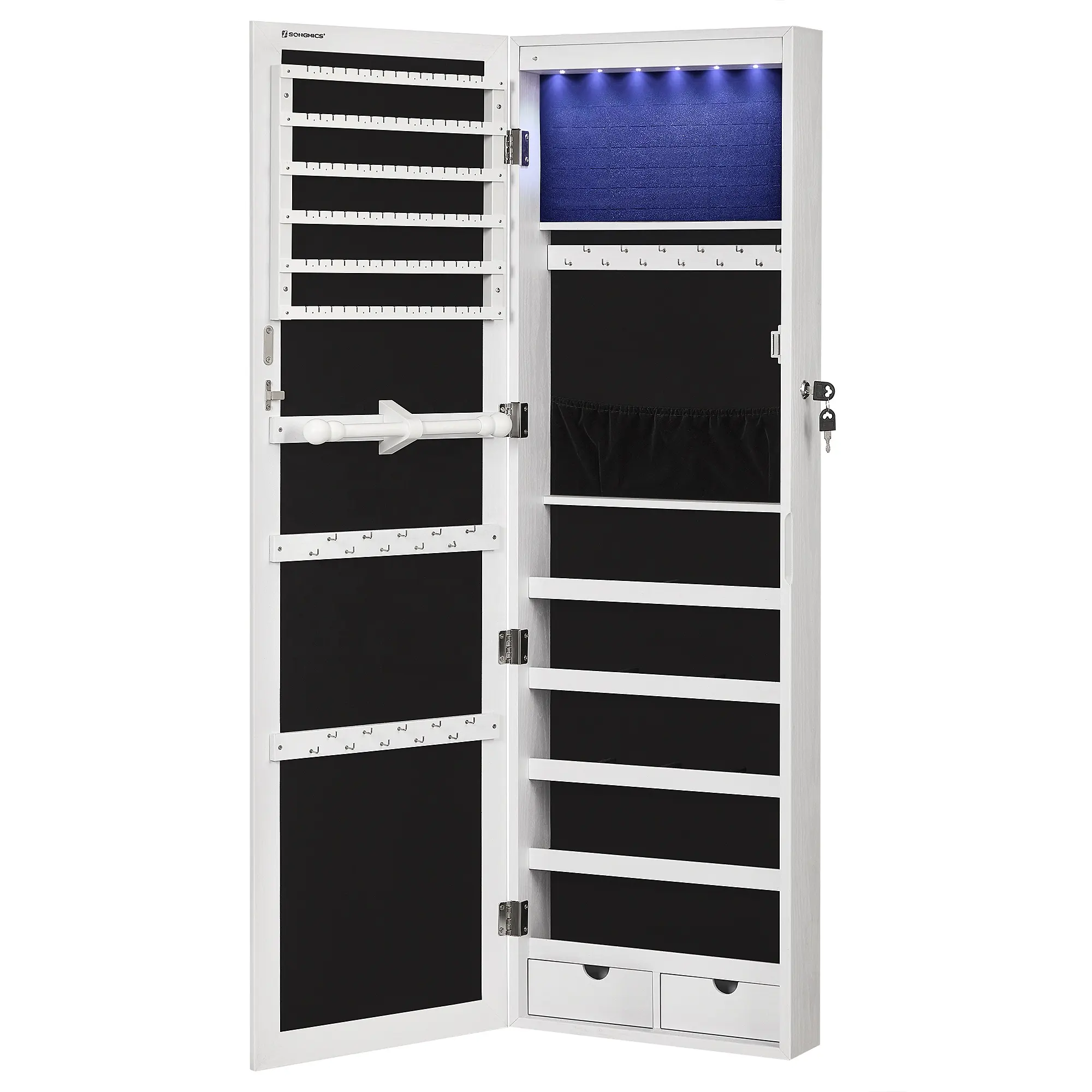 SONGMICS – armoire à bijoux en miroir blanc, verrouillable, 6 led réglables, armoire à bijoux murale