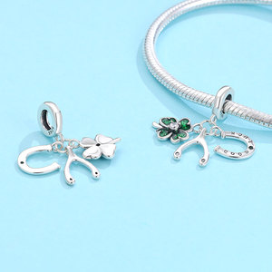 Bracelet pour femme en argent sterling S925 avec triple pendentif trèfle, os de la chance et fer à cheval, émail vert et zircon cubique, cadeau - Product Image 2