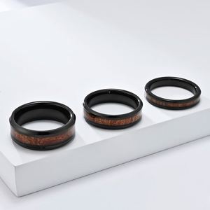 Mode bijoux fins or Rose bague en tungstène hommes femmes alliance baril bois de chêne incrustation biseauté confort ajustement - Product Image 5