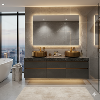 Meubles de salle de bain modernes en marbre noir de luxe poli, pour usage hôtelier, avec double vasque et miroir LED, directement de l'usine