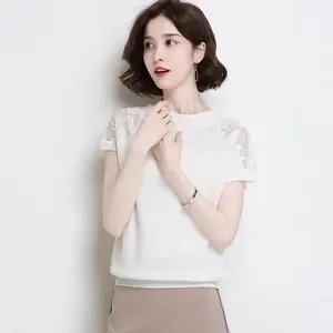 2023 summer new product ice silk knitted cool skin-friendly shoulder hollowed out lace thin women's knitwear